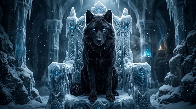 Majestic black wolf sitting on ancient ornate throne made of ice inside mysterious frozen magical cavern.