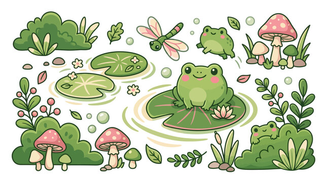 Green Frog Sitting on Leafy Pad.