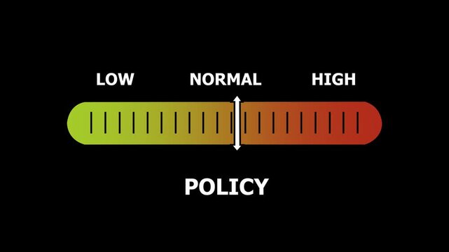 policy level indicator scale. Low normal & high meter infographic animation. Showing high policy level color gauge indicator. on a black background 4k animation video