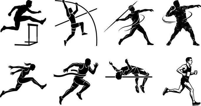 Track and field athletes icon set featuring hurdles pole vault javelin shot put sprinting high jump and marathon running