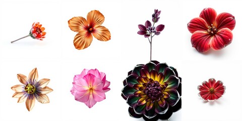 Fototapeta premium Floral arrangement showcases diverse blooms. Delicate petals, vibrant colors, striking contrast against dark background. Beautiful botanical display.