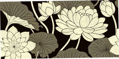 Fototapeta premium Lotus Flowers And Leaves Vintage style Botanical Illustration