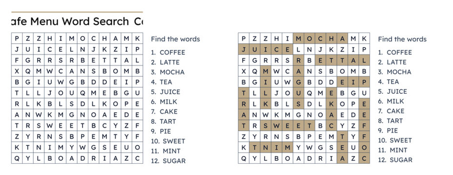 Menu word search puzzle with answers featuring coffee shop items and drinks  