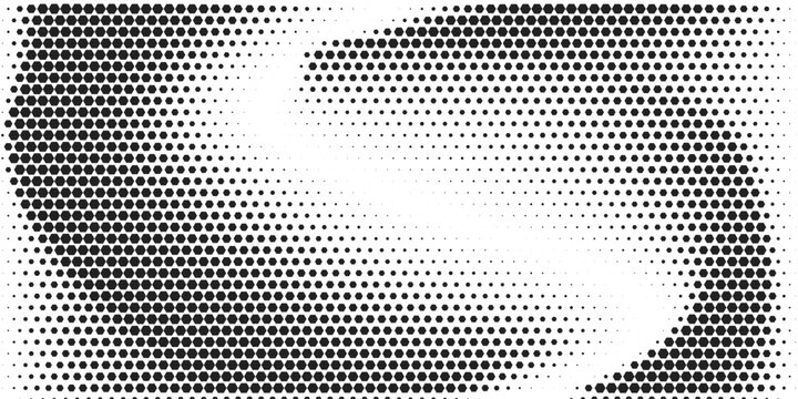 Hexagon halftone gradient texture. Abstract black grunge background. Geometric retro halftone tech overlay. Fading wavy hexagonal pattern backdrop. Vector vanishing honeycomb grunge bitmap wallpaper