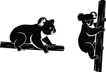 Silhouettes of koalas resting on branch and climbing tree trunk representing arboreal lifestyle in vector illustration © uzzala