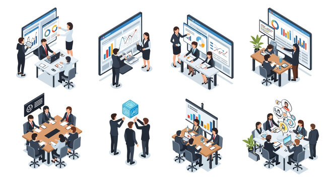 Isometric business team working on data analysis and office meetings