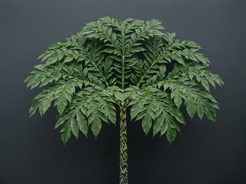 Amorphophallus konjac plant with intricate green leaves and mottled stem