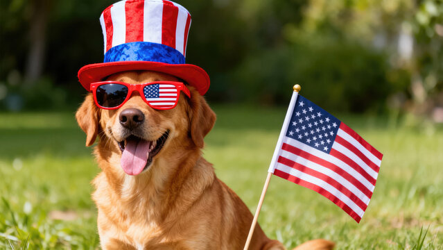Happy Dog Wearing Patriotic Sunglasses and Hat Sitting Next to Flag on Lawn