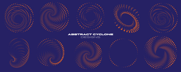 Abstract cyclone design set with halftone spiral patterns, dotted vortex shapes and dynamic geometric backgrounds © Thuong