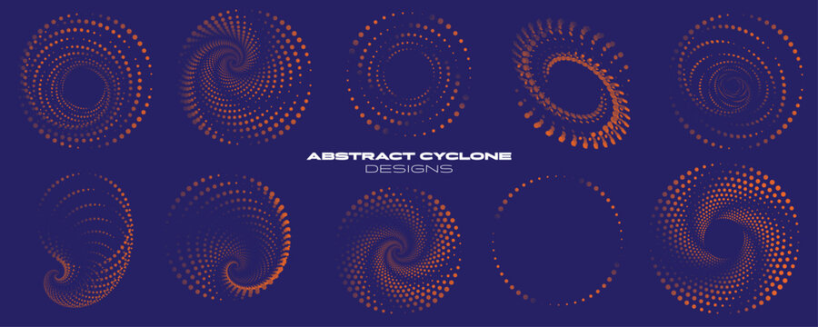 Abstract cyclone design set with halftone spiral patterns, dotted vortex shapes and dynamic geometric backgrounds
