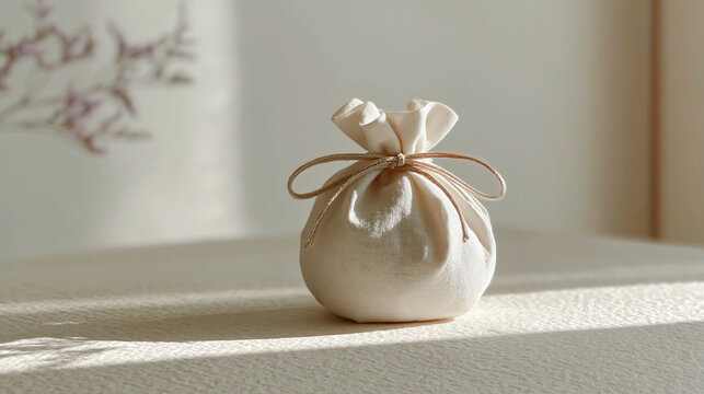 A small decorative linen gift pouch with a simple tied string sits on a light surface