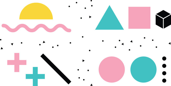 Abstract Memphis style geometric shapes collection featuring colorful retro patterns, triangles, circles, squares, and squiggly lines, vector illustration.