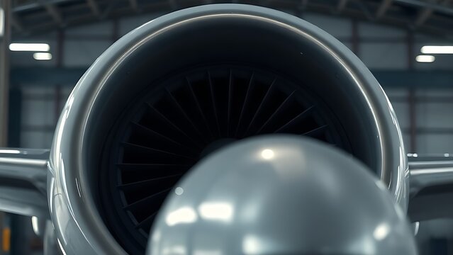 nacelle. Streamlined outer shell of aircraft engine nacelle reflecting hangar lights. mobility guides, transit brochures, designed for transport & logistics marketing, supports logistics messaging.