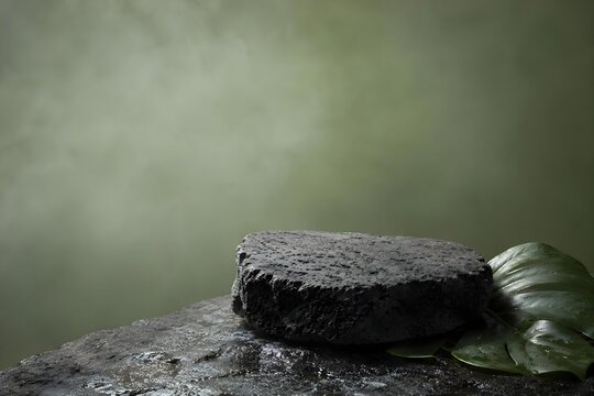 Raw Volcanic Stone Podium with Tropical Fern and Sage Green Background for Skincare Display