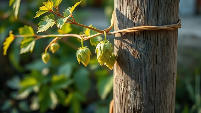 bine. Hops vine with soft stems twining around a weathered wooden stake, green leaves, morning light. gardening catalogs, home-decor guides, designed for home decor and floral branding.