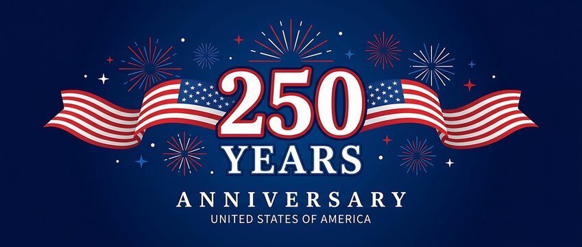 250 years anniversary united states of america with american flags and fireworks.