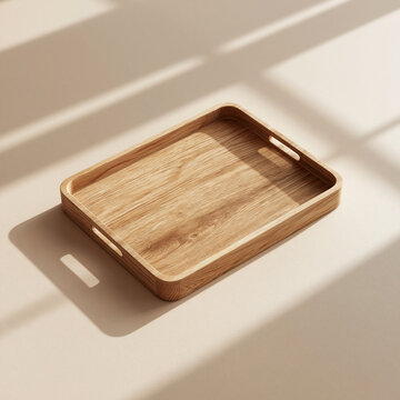 A simple wooden serving tray rests on a neutral surface with soft natural shadows