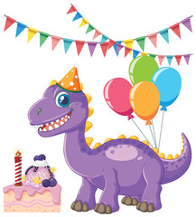 Cartoon Purple Dinosaur Celebrating Birthday with Cake and Balloons © brgfx