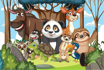 Fototapeta premium Group of Cartoon Jungle Animals in Forest Setting