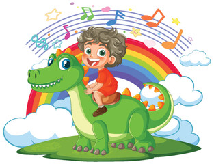 Obraz premium Cartoon Boy Riding a Green Dinosaur with Rainbow and Music Notes
