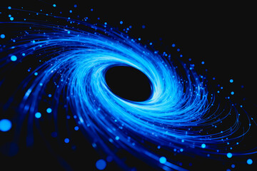 Obraz premium A digital visualization of a black hole surrounded by swirling blue luminous particles and streams in dark space.