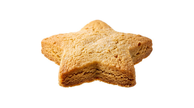 Cookie shaped like a star shows a subtle bite mark on one of its points to emphasize the texture of the baked pastry.