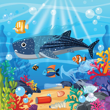 Whale Shark and Tropical Fish Swimming in Polluted Coral Reef