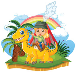 Cartoon Girl Riding Yellow Dinosaur in Prehistoric Landscape with Volcano © brgfx