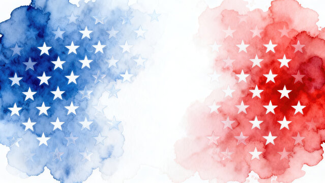 Patriotic Watercolor Background: Red, White, and Blue Stars, Festive and Celebratory Design