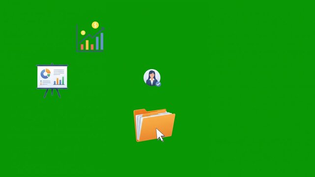 Business data management and folder organization animation on green