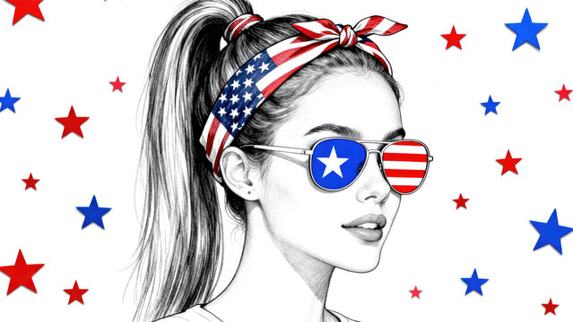 Patriotic woman with american flag bandana and sunglasses