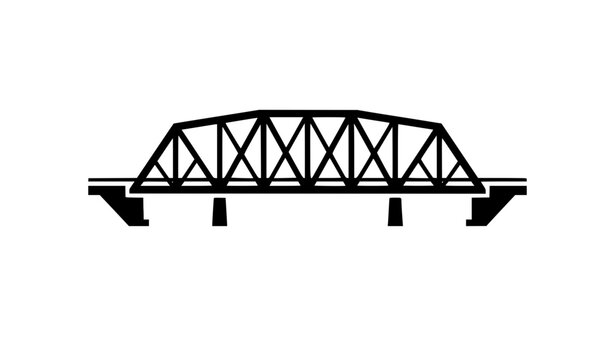 Black steel truss railway bridge vector illustration, isolated metal construction silhouette design element for industrial transit infrastructure, engineering layouts, or logistics logo.