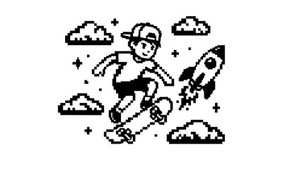 Pixel art boy riding skateboard chasing launching space rocket vector illustration with clouds and stars isolated on white background for retro gaming concept © MdIbrahimIslam