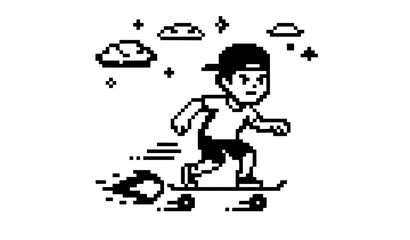 Pixel art boy riding skateboard fast under clouds and stars vector illustration in retro game style  © MdIbrahimIslam