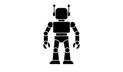 Fototapeta premium Minimalist retro robot black silhouette vector illustration with classic blocky toy body shapes isolated on white background for basic technology graphic concept