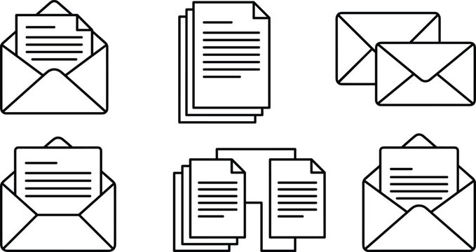 Black line email and document icon set featuring open envelopes with letter sheets, stacked papers, and file sharing symbols, vector illustration.