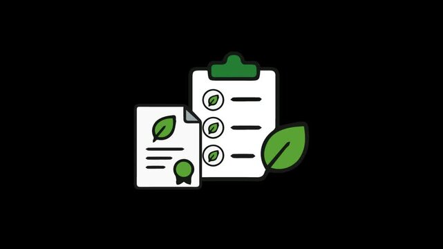 a clipboard with checkmarks and green leaves on documents