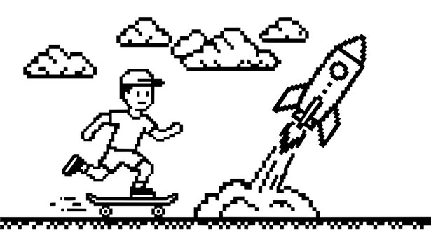 pixel doodle boy riding skateboard chasing launching space rocket vector illustration in line art style isolated on white background for childhood dream concept
