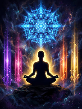 Cosmic Meditation Silhouette with Sacred Geometry Metatron Cube and Crystal Energy Beams