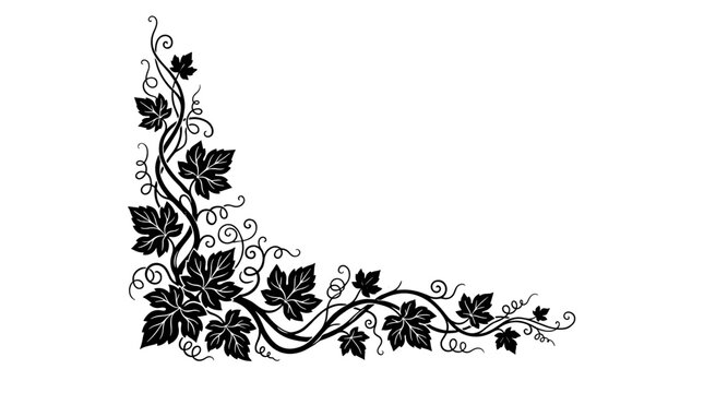Decorative grape vine corner border design element with ornate black leaves and curly tendrils isolated on white background
