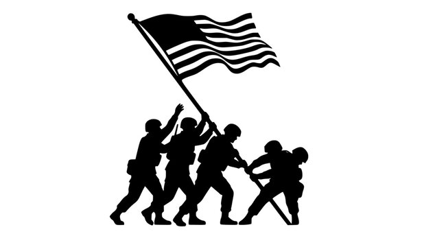 Iwo Jima flag raising vector illustration bold silhouette soldiers raising american flag monument icon
