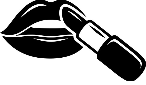Vintage woodcut lips applying lipstick vector icon classic engraved makeup emblem for salon