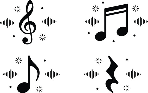Black music notes icon set featuring treble clef eighth note quarter rest and audio sound wave symbols vector illustration