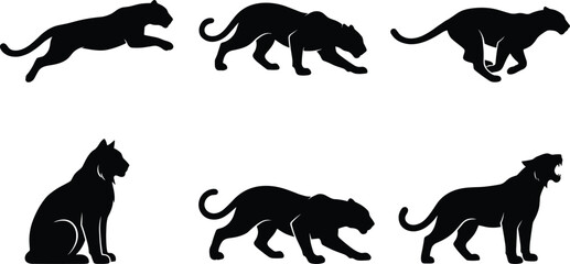 Black panther silhouette set featuring wild big cats jumping stalking running sitting and roaring in action poses vector illustration. © REYAD