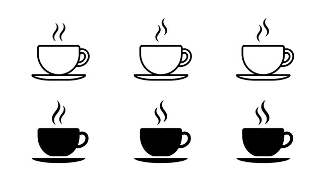 A versatile collection of simple vector icons depicting steaming hot beverages in cups, ideal for menus, websites, and warm drink promotions
