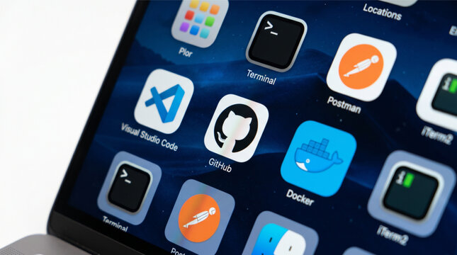 Popular software development application icons including GitHub, Docker, Visual Studio Code, and Postman displayed on a modern laptop screen for programming, engineering, and digital workflow.