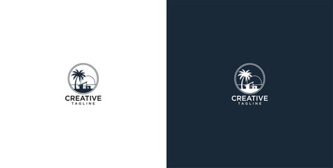 Minimalist circular emblem depicting a tranquil tropical island scene with silhouetted palm trees and a small beach hut, ideal for travel and vacation branding © micky_adb02