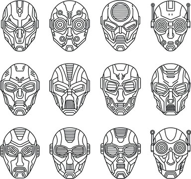 Collection of Sci-Fi Android Face Outlines in Technical Line Art Style for Concept Design