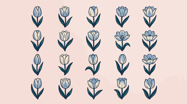 A collection of stylized blue and cream tulip flower illustrations arranged in a repeating grid pattern on a soft pastel peach background surface