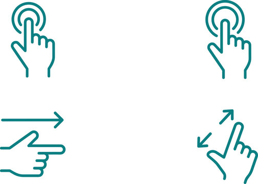 Teal line hand gesture icon set featuring screen tap click double click swipe right and zoom squeeze symbols vector illustration
